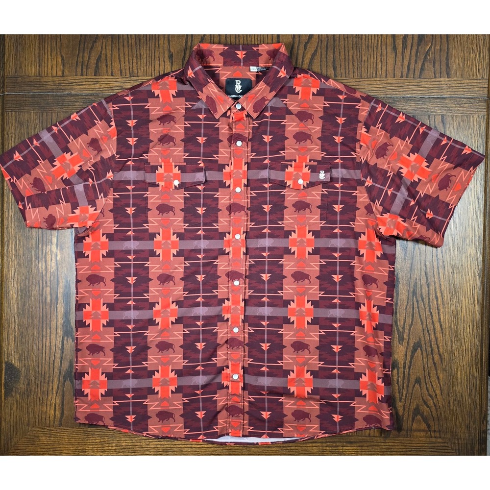 Raised By Coyotes Western Shirt Mens 2XL Red Aztec Buffalo Pearl Snap Cowboy